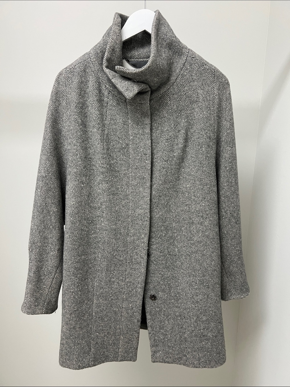 Weekend Max Mara Grey Herringbone Stand Collar Pea Coat